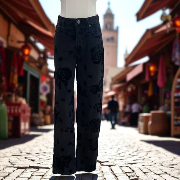 Wild Fable Blk Velvet Floral Jeans High Rise Straight Leg Pants Y2K Grunge NWOT - Picture 1 of 12
